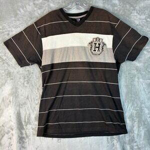 Bare Fox Mens V-Neck Striped Graphic T-Shirt Black Grey White Crest Size L